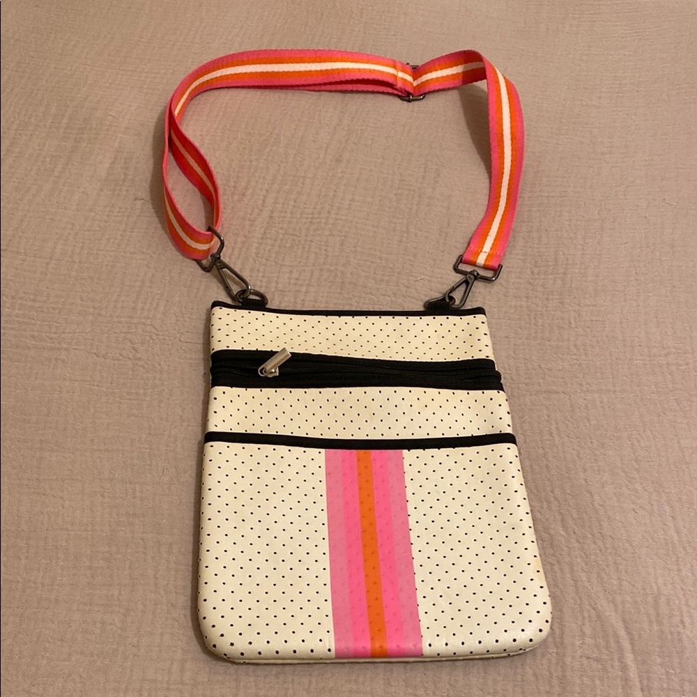 PARKER & HYDE Striped Accent White Crossbody Bag with Pink & Orange Stripe